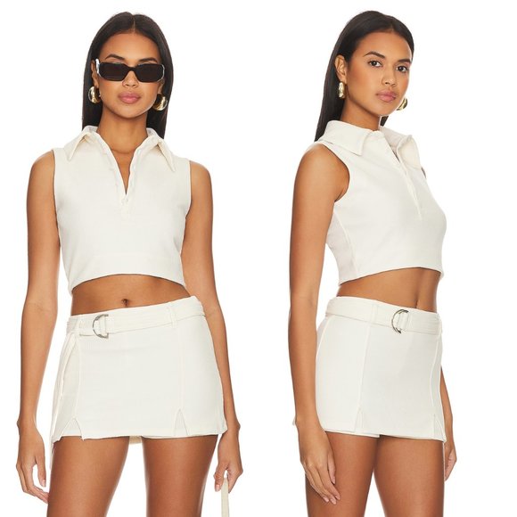 Camila Coelho Ivory Beja Waffle Tennis Prep Collared Preppy Crop Top XXS - Picture 11 of 11